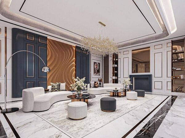 Desain Interior Ruang Tamu Mewah Panel Biru Navy dan Tembaga | HnD architects Desain interior ruang tamu mewah dengan sofa melengkung putih, panel biru navy, dan panel 3D tembaga oleh HnD architects