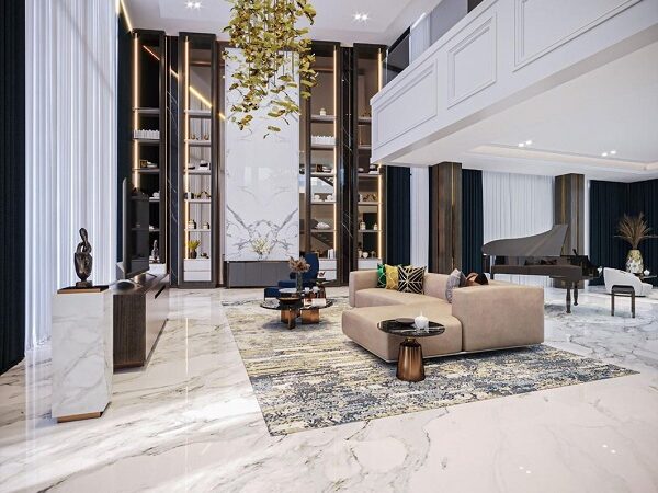 Desain Interior Ruang Keluarga Mewah Grand Piano Double Height | HnD architects Desain interior ruang keluarga mewah double height dengan grand piano, rak display tinggi, dan lantai marmer oleh HnD architects