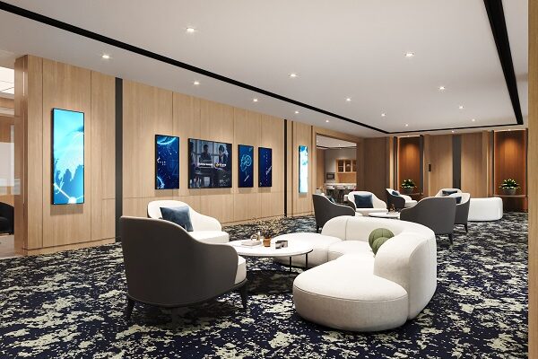 Desain Interior Ruang Lounge Mewah Panel Kayu | HnD architects Desain interior ruang lounge mewah dengan sofa melengkung, panel kayu, dan karpet biru tua oleh HnD architects
