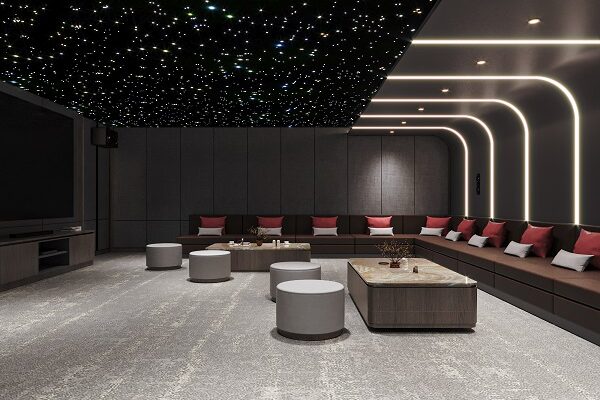 Desain Interior Ruang Hiburan Mewah Plafon Bintang | HnD architects Desain interior ruang hiburan mewah dengan plafon bintang, sofa built-in panjang, dan lampu LED lengkung oleh HnD architects