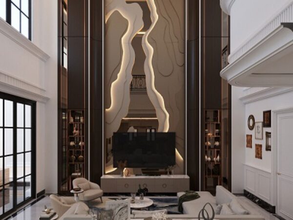 Desain Interior Ruang Keluarga Mewah Dinding TV Motif Organik | HnD architects Desain interior ruang keluarga mewah double height dengan dinding TV motif organik berlampu LED oleh HnD architects