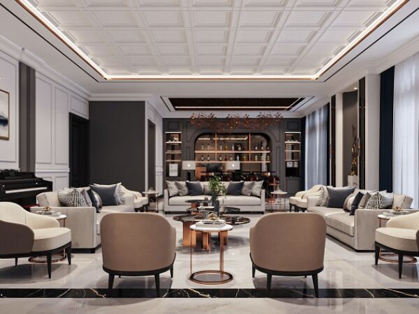 Desain Interior Ruang Tamu Mewah Luas Plafon Kotak dan Piano | HnD architects Desain interior ruang tamu mewah luas dengan plafon kotak, piano, dan area bar oleh HnD architects