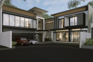 Desain rumah mewah modern tropis dua lantai dengan fasad kaca besar dan carport oleh HnD architects