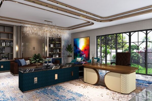 Desain Ruang Kerja Direktur Mewah Aksen Biru dan Kayu | HnD Visualisasi interior ruang kerja direktur rumah mewah dengan meja kayu, kredensa biru, lampu gantung kristal, dan jendela kaca besar