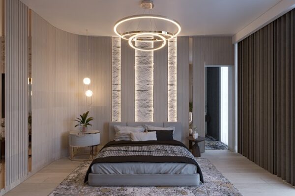 Desain Kamar Tidur Utama Rumah Mewah Panel Kayu Elegan | HnD Visualisasi interior kamar tidur utama rumah mewah dengan panel dinding kayu, lampu gantung cincin, dan tempat tidur abu-abu