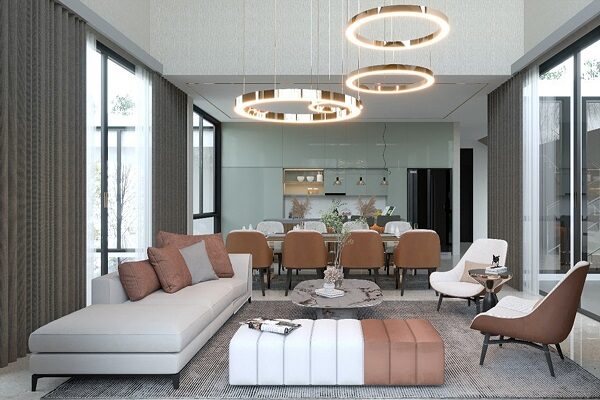 Desain Ruang Keluarga dan Ruang Makan Rumah Mewah Plafon Tinggi | HnD Visualisasi interior ruang keluarga dan ruang makan rumah mewah dengan sofa abu-abu, lampu gantung cincin emas, dan plafon tinggi