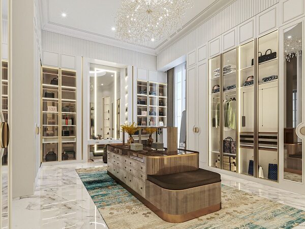 Desain Walk-in Closet Mewah Island Laci dan Lemari Kaca | HnD architects Desain walk-in closet mewah dengan island laci, lemari kaca berlampu, dan lampu gantung kristal oleh HnD architects