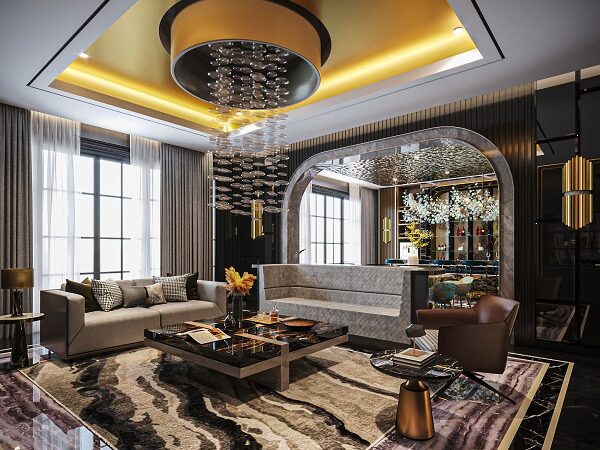Desain Interior Ruang Keluarga Mewah Plafon Emas | HnD architects Interior ruang keluarga mewah dengan lampu gantung kristal dan plafon emas oleh HnD architects