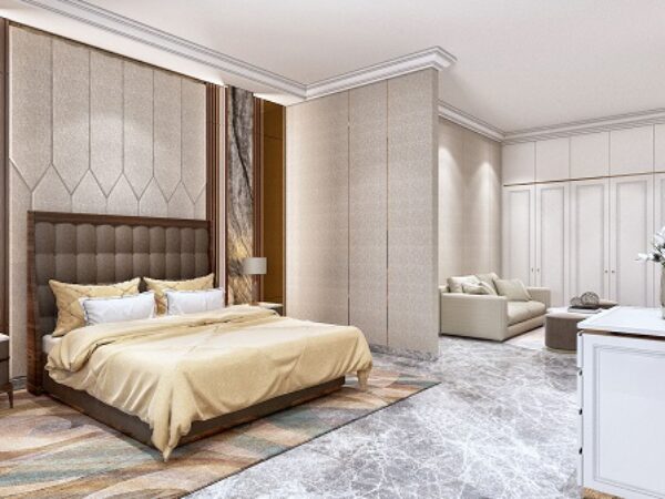 Desain Interior Kamar Tidur Utama Mewah Panel Geometris | HnD architects Desain interior kamar tidur utama mewah dengan headboard panel geometris, dinding batu, dan lantai marmer abu oleh HnD architects