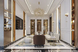 Desain interior ruang duduk mewah dengan rak display emas, lampu gantung ranting kristal, dan lantai marmer hitam putih oleh HnD architects