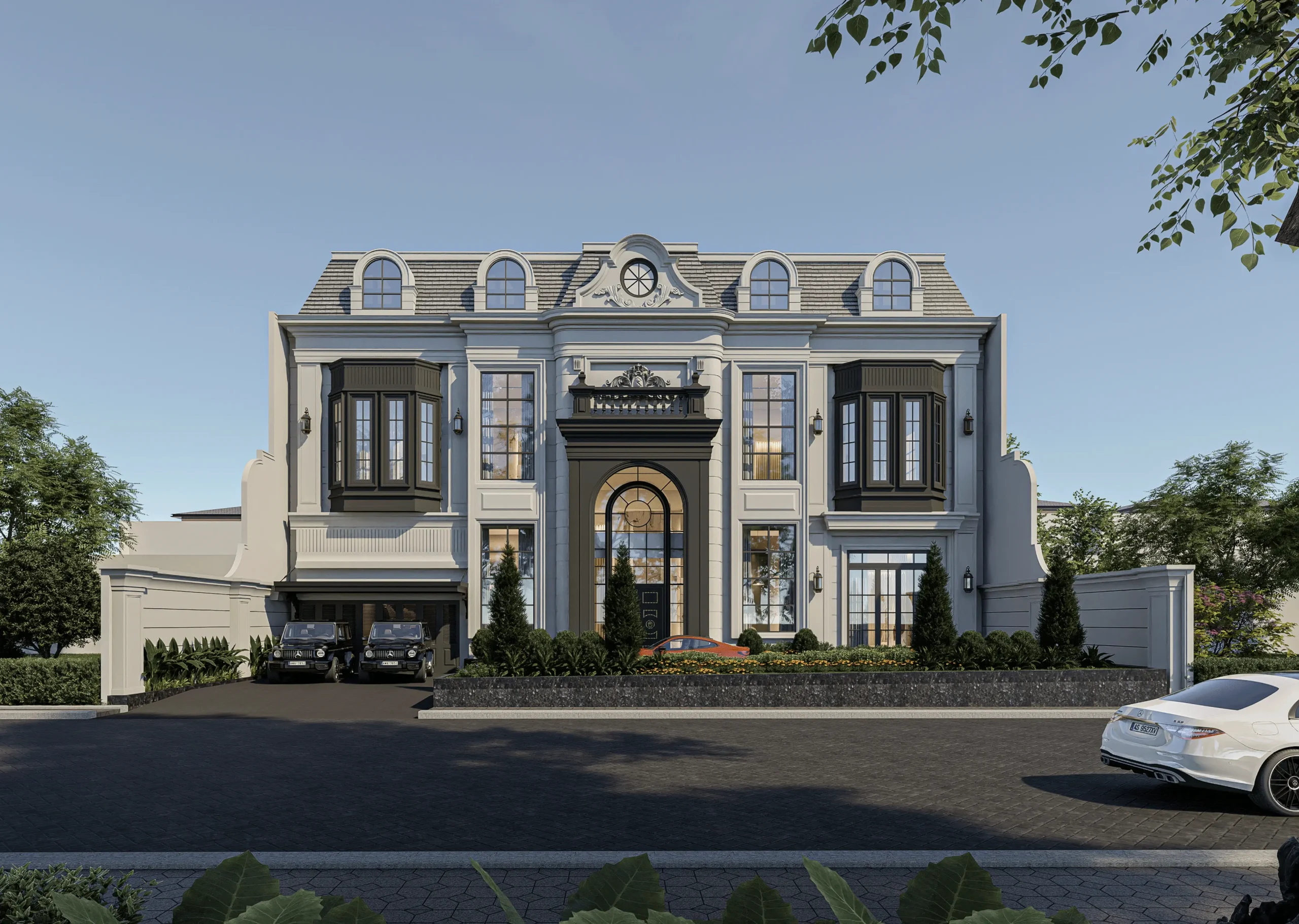 desain rumah mewah klasik modern fasad putih atap mansard - portofolio HnD
